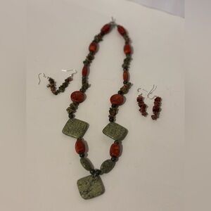 Handmade Rustic Stone and Coral-Toned Beaded Necklace with Matching Earrings